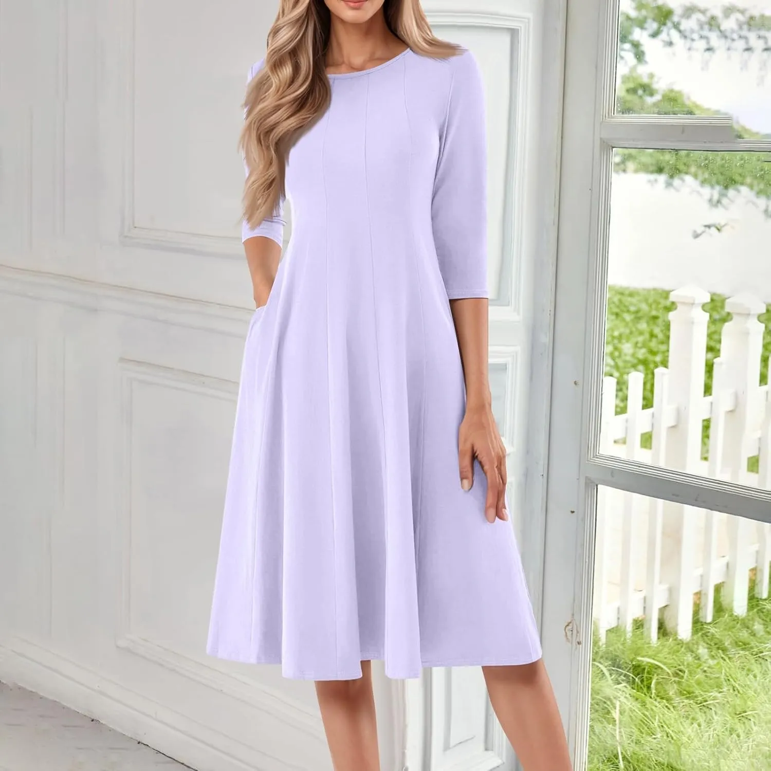 Womens Dress 3/4 Sleeve Spring A Line Dress Solid Plain High Waist Midi Dresses Summer Round Neck Dresses with Pocket