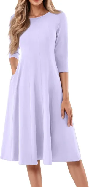 Womens Dress 3/4 Sleeve Spring A Line Dress Solid Plain High Waist Midi Dresses Summer Round Neck Dresses with Pocket