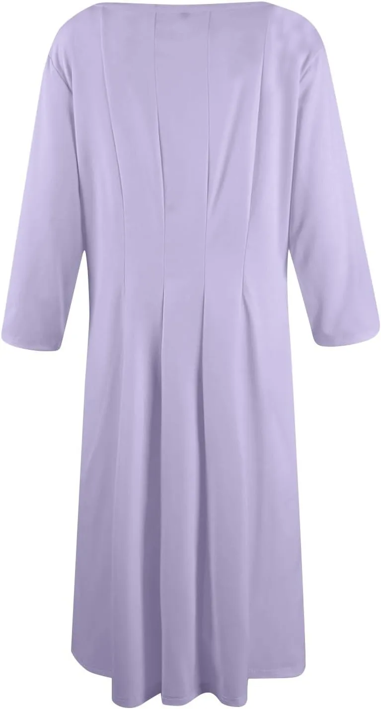Womens Dress 3/4 Sleeve Spring A Line Dress Solid Plain High Waist Midi Dresses Summer Round Neck Dresses with Pocket
