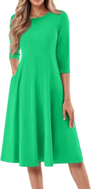Womens Dress Summer 3/4 Sleeve A Line Dress Solid Plain Pleated Midi Dresses Spring Flowy Beach Dresses with Pocket