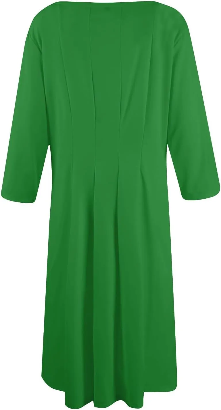 Womens Dress Summer 3/4 Sleeve A Line Dress Solid Plain Pleated Midi Dresses Spring Flowy Beach Dresses with Pocket