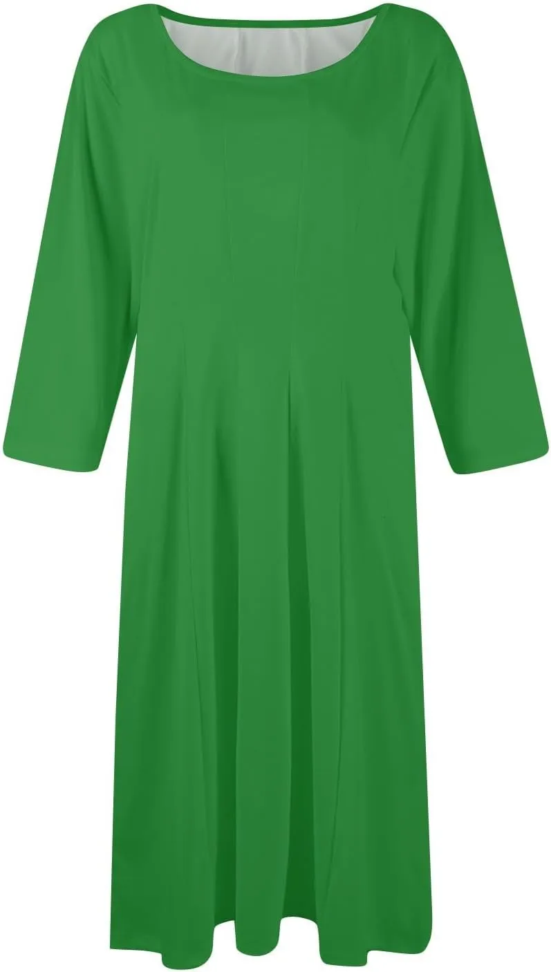 Womens Dress Summer 3/4 Sleeve A Line Dress Solid Plain Pleated Midi Dresses Spring Flowy Beach Dresses with Pocket