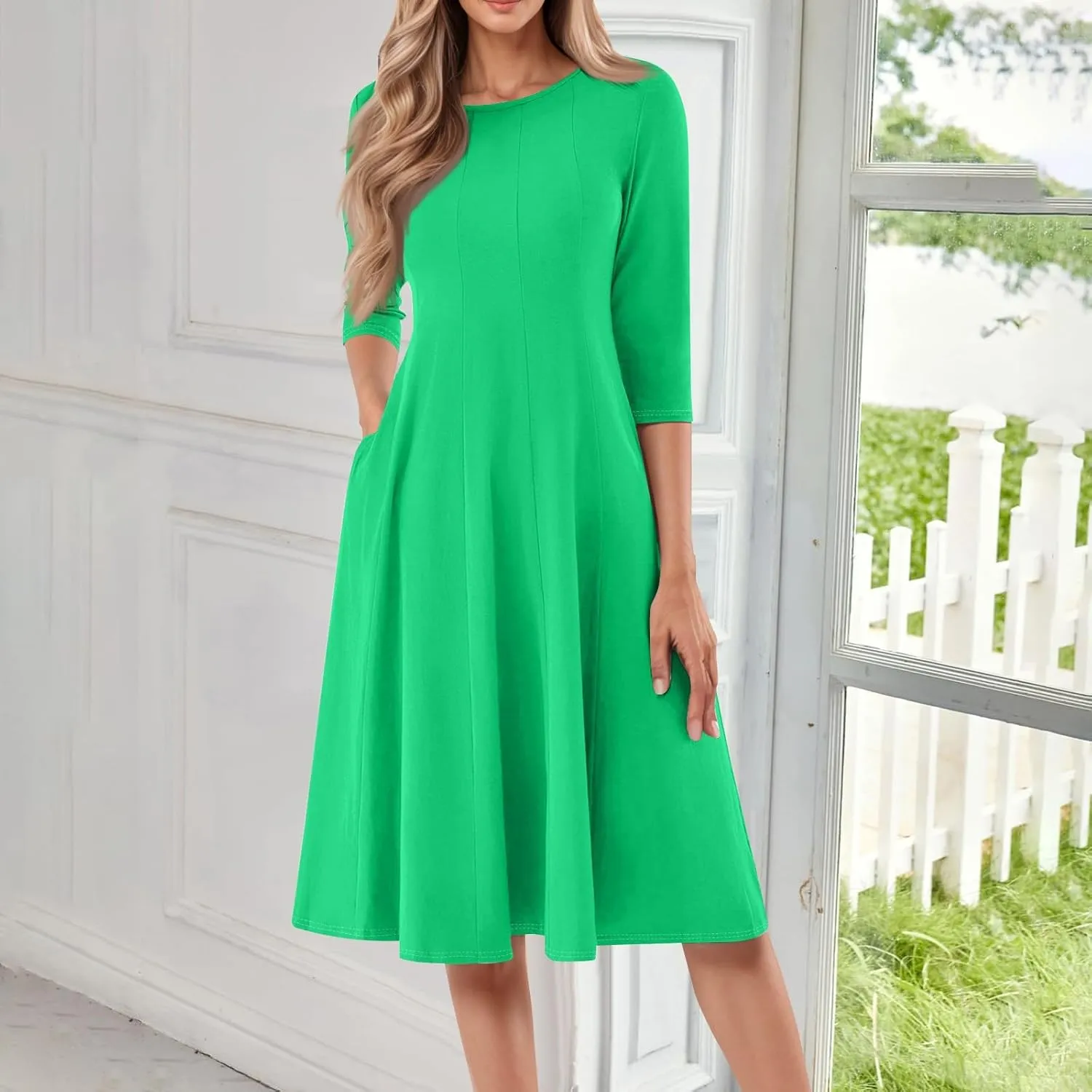 Womens Dress Summer 3/4 Sleeve A Line Dress Solid Plain Pleated Midi Dresses Spring Flowy Beach Dresses with Pocket