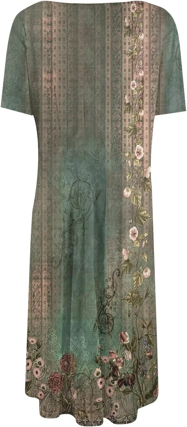 Womens Dresses Short Sleeve Summer Wrap Dress Empire Waist Floral Dress Fashion Smocked Midi Dresses with Pockets