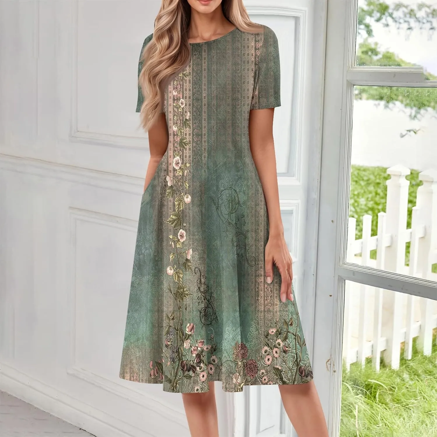 Womens Dresses Short Sleeve Summer Wrap Dress Empire Waist Floral Dress Fashion Smocked Midi Dresses with Pockets