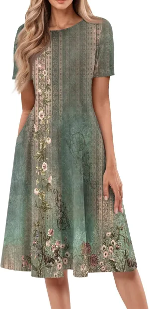 Womens Dresses Short Sleeve Summer Wrap Dress Empire Waist Floral Dress Fashion Smocked Midi Dresses with Pockets
