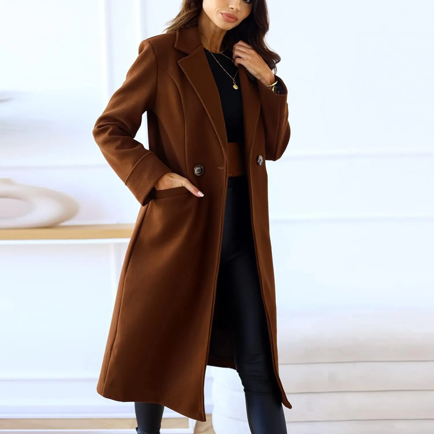 Womens Fall Jackets Oversized Double-breasted Turndown Collar Trench Coats Long Sleeve Cardigan Coat with Pockets