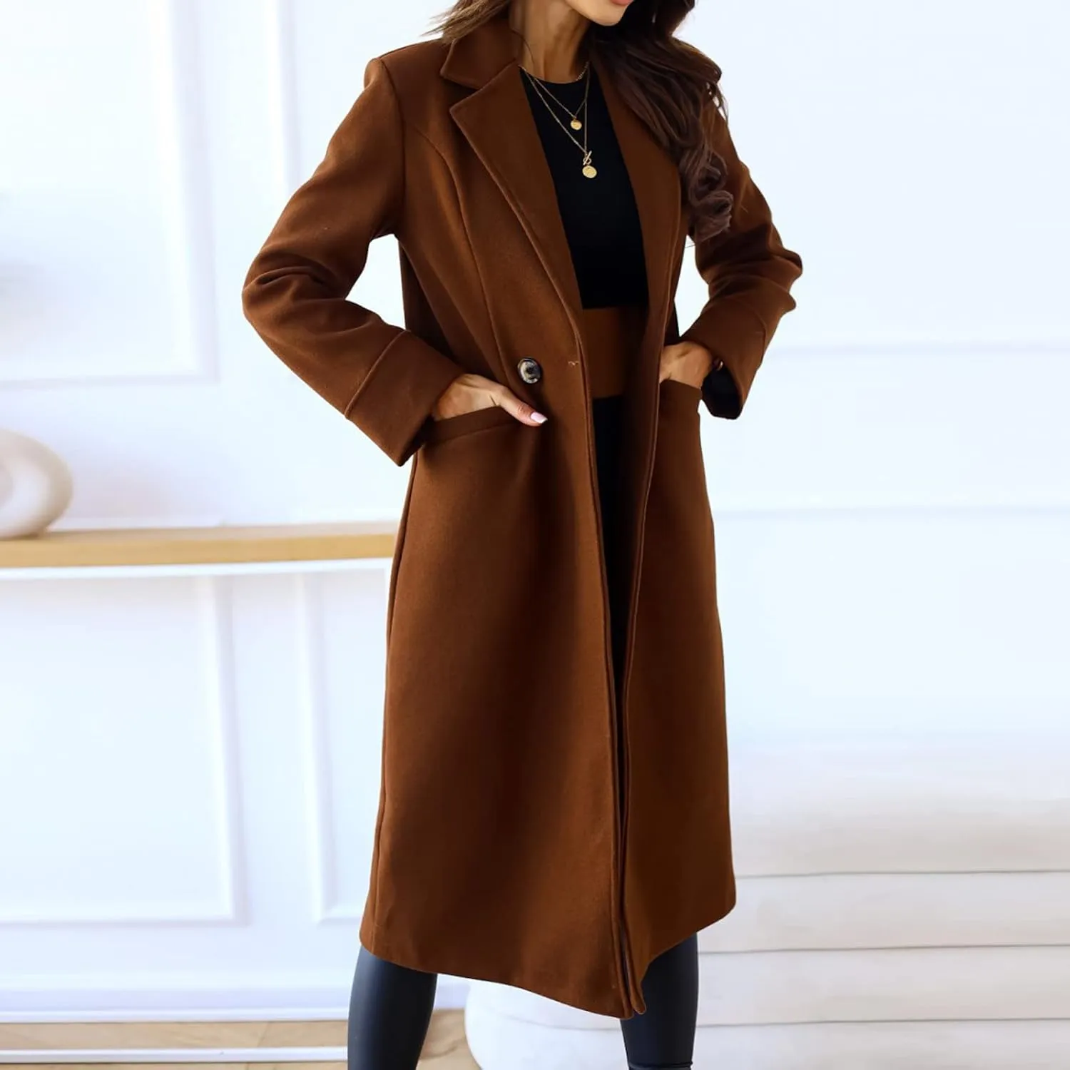 Womens Fall Jackets Oversized Double-breasted Turndown Collar Trench Coats Long Sleeve Cardigan Coat with Pockets