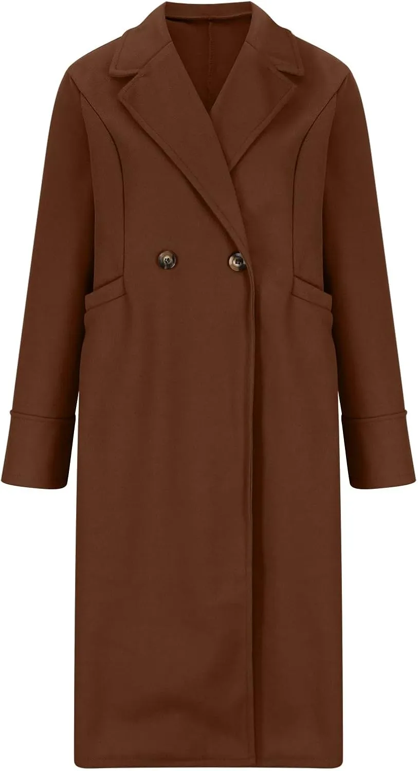 Womens Fall Jackets Oversized Double-breasted Turndown Collar Trench Coats Long Sleeve Cardigan Coat with Pockets