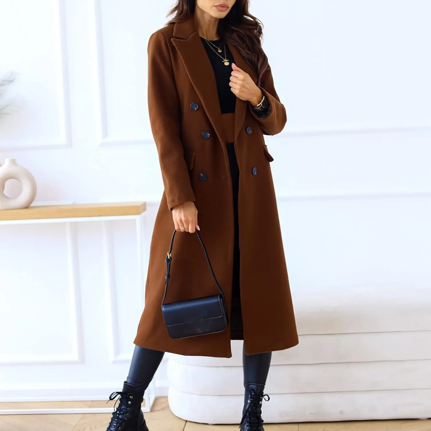 Womens Fall Jackets Oversized Double-breasted Turndown Collar Trench Coats Long Sleeve Cardigan Coat with Pockets