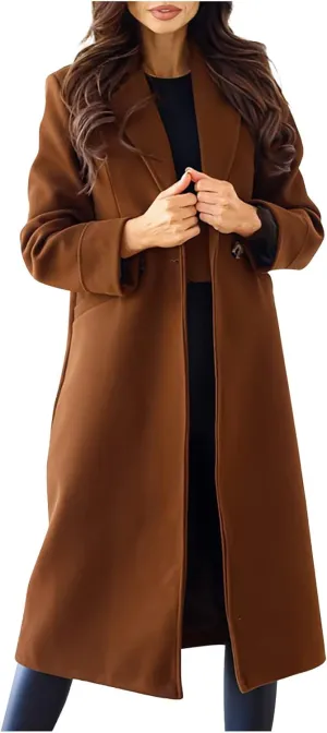 Womens Fall Jackets Oversized Double-breasted Turndown Collar Trench Coats Long Sleeve Cardigan Coat with Pockets