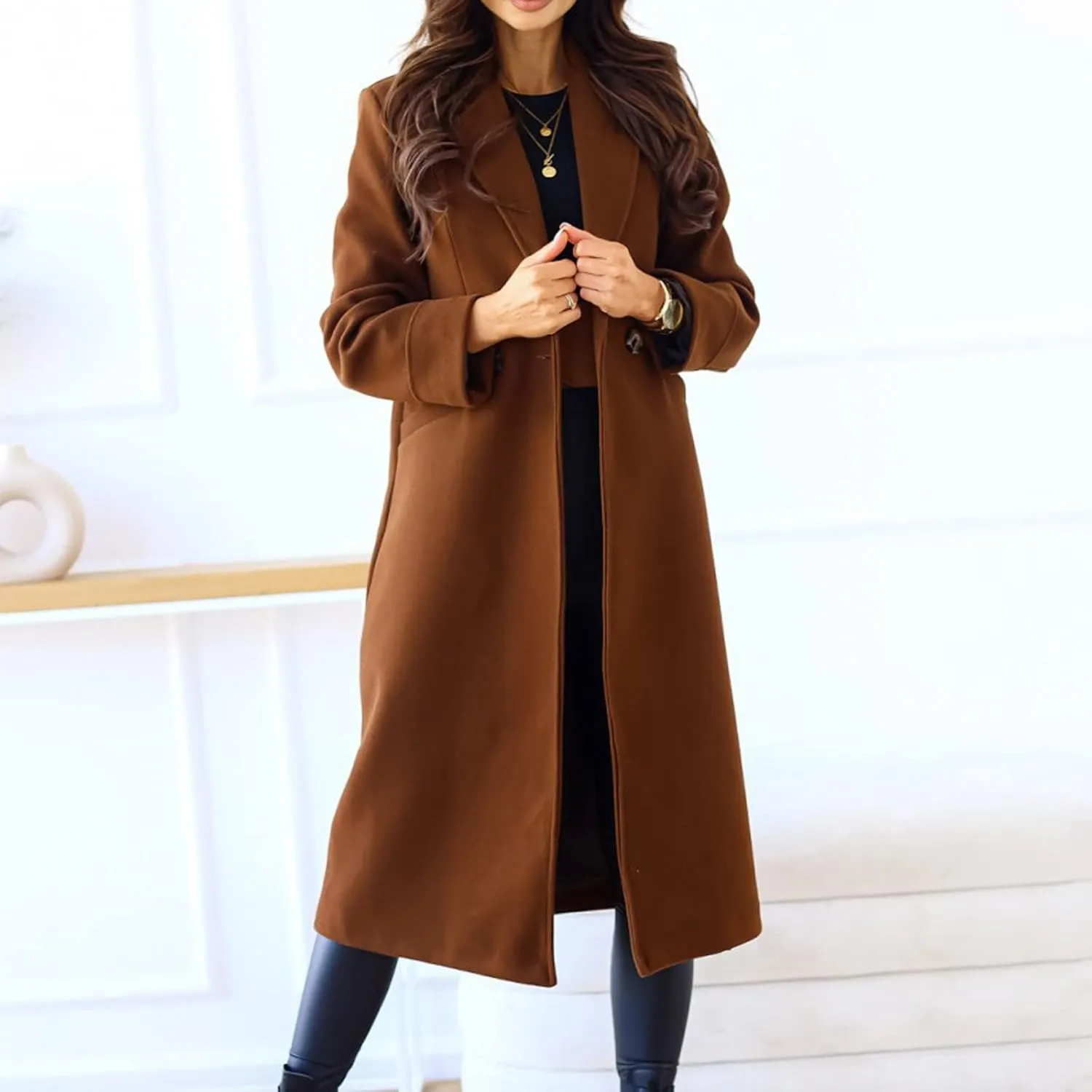 Womens Fall Jackets Oversized Double-breasted Turndown Collar Trench Coats Long Sleeve Cardigan Coat with Pockets