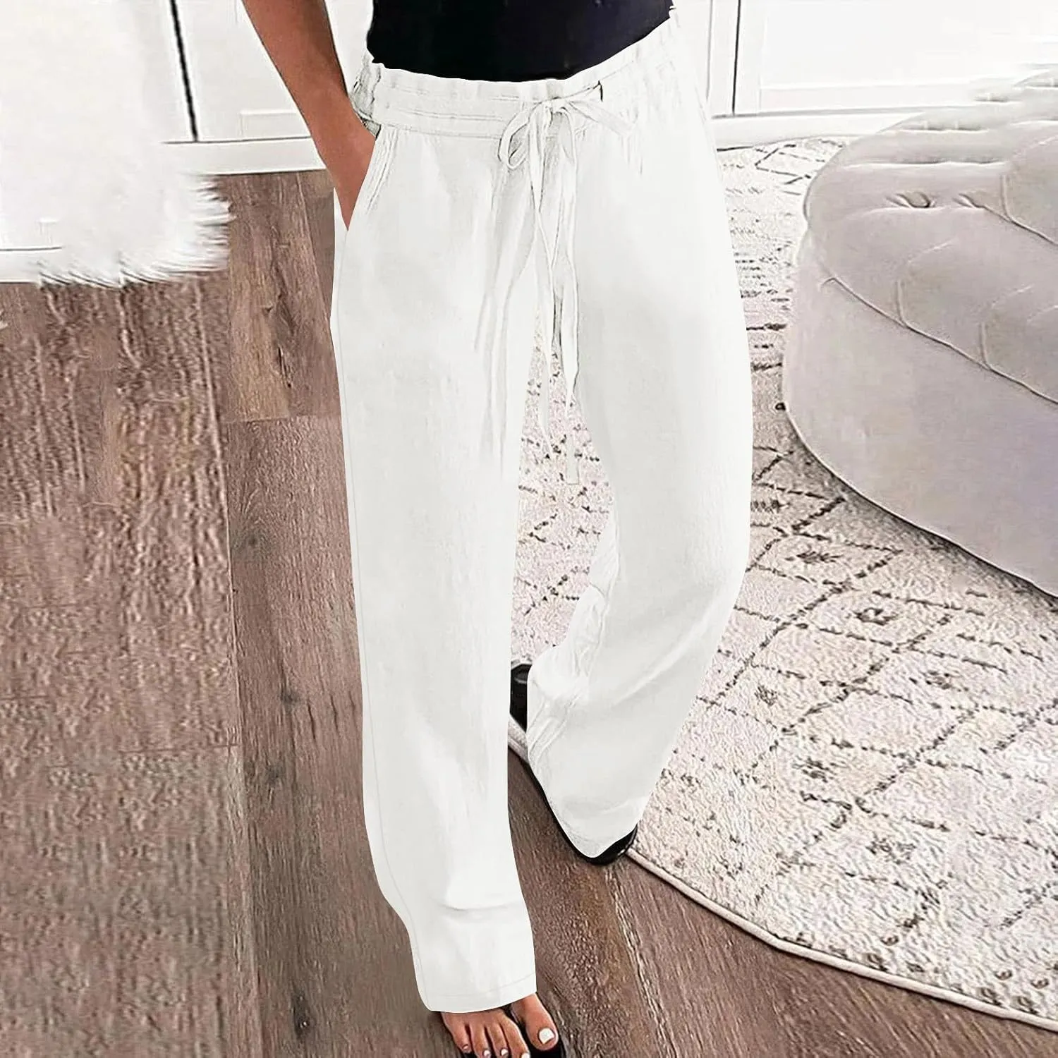 Womens Fashion Cotton Linen Pants Solid Color High Rise Lace-Up Straight Leg Casual Loose Comfy Trousers with Pockets