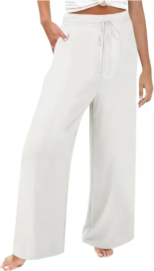 Womens Fashion Cotton Linen Pants Solid Color High Rise Lace-Up Straight Leg Casual Loose Comfy Trousers with Pockets