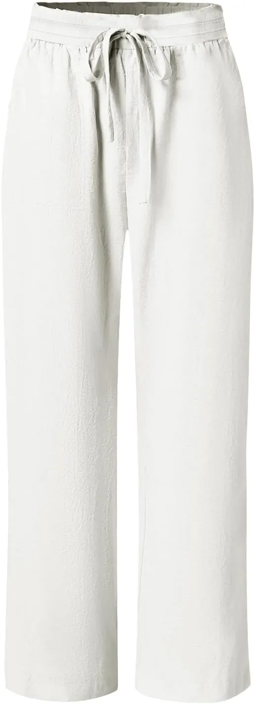 Womens Fashion Cotton Linen Pants Solid Color High Rise Lace-Up Straight Leg Casual Loose Comfy Trousers with Pockets