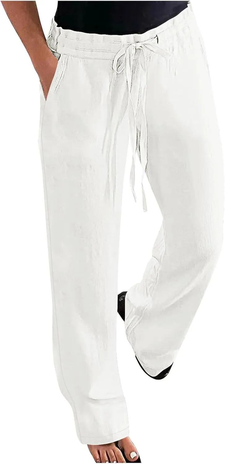Womens Fashion Cotton Linen Pants Solid Color High Rise Lace-Up Straight Leg Casual Loose Comfy Trousers with Pockets