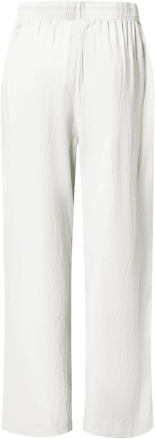 Womens Fashion Cotton Linen Pants Solid Color High Rise Lace-Up Straight Leg Casual Loose Comfy Trousers with Pockets