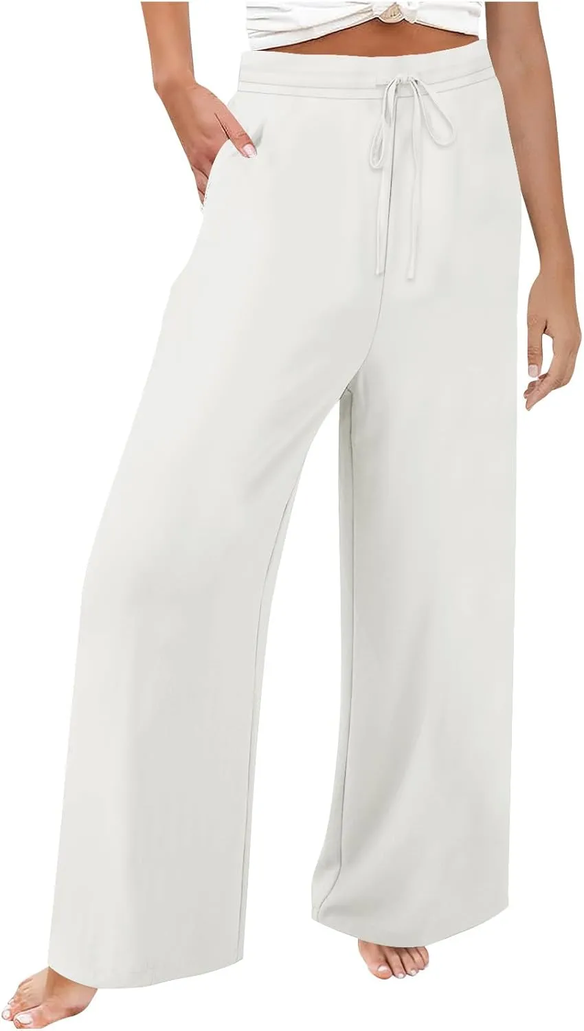 Womens Fashion Cotton Linen Pants Solid Color High Rise Lace-Up Straight Leg Casual Loose Comfy Trousers with Pockets