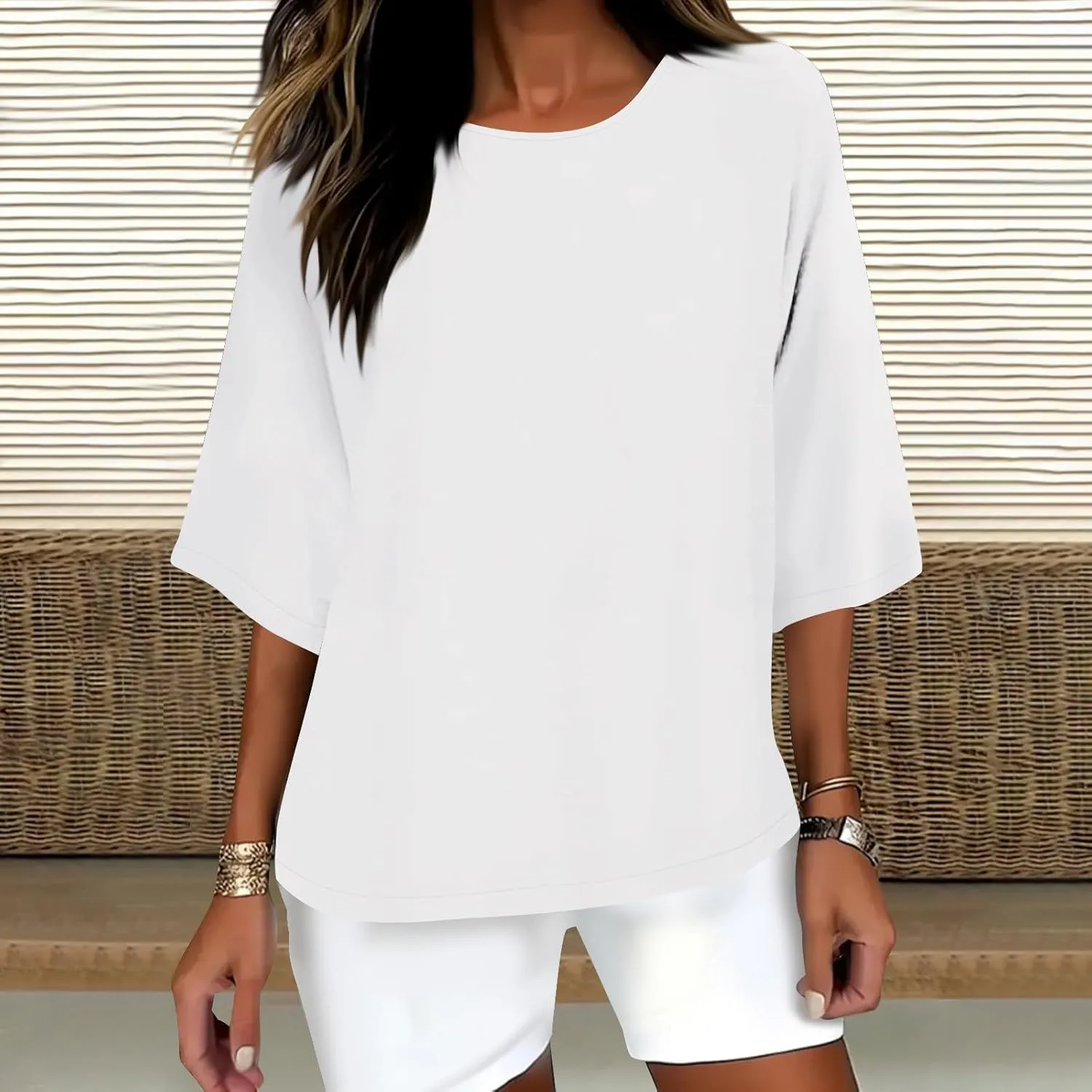 Womens Fashion Cotton Linen T-Shirt Crewneck 3/4 Sleeves Tops Solid Color Loose Basic Tees Summer Casual Blouses