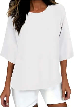 Womens Fashion Cotton Linen T-Shirt Crewneck 3/4 Sleeves Tops Solid Color Loose Basic Tees Summer Casual Blouses