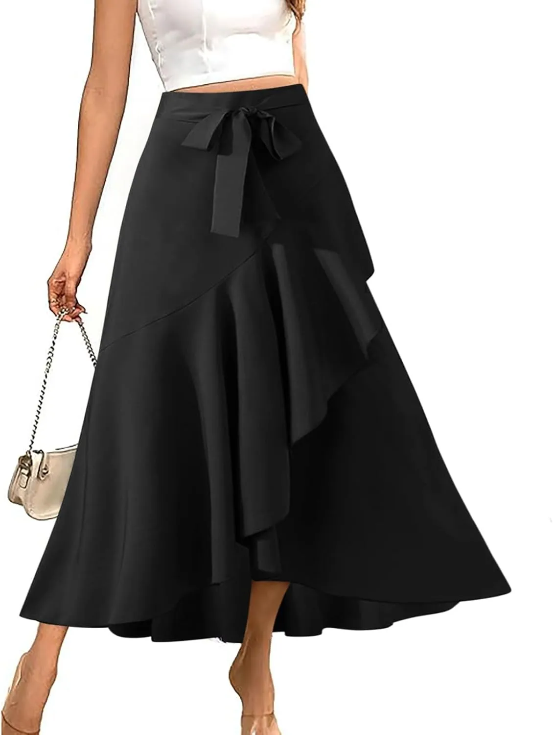 Women's Formal Evening Party Elegant Long Skirt, Fashion Pleated Ruffle Hem Flared Skirts Casual Mermaid Maxi Skirt