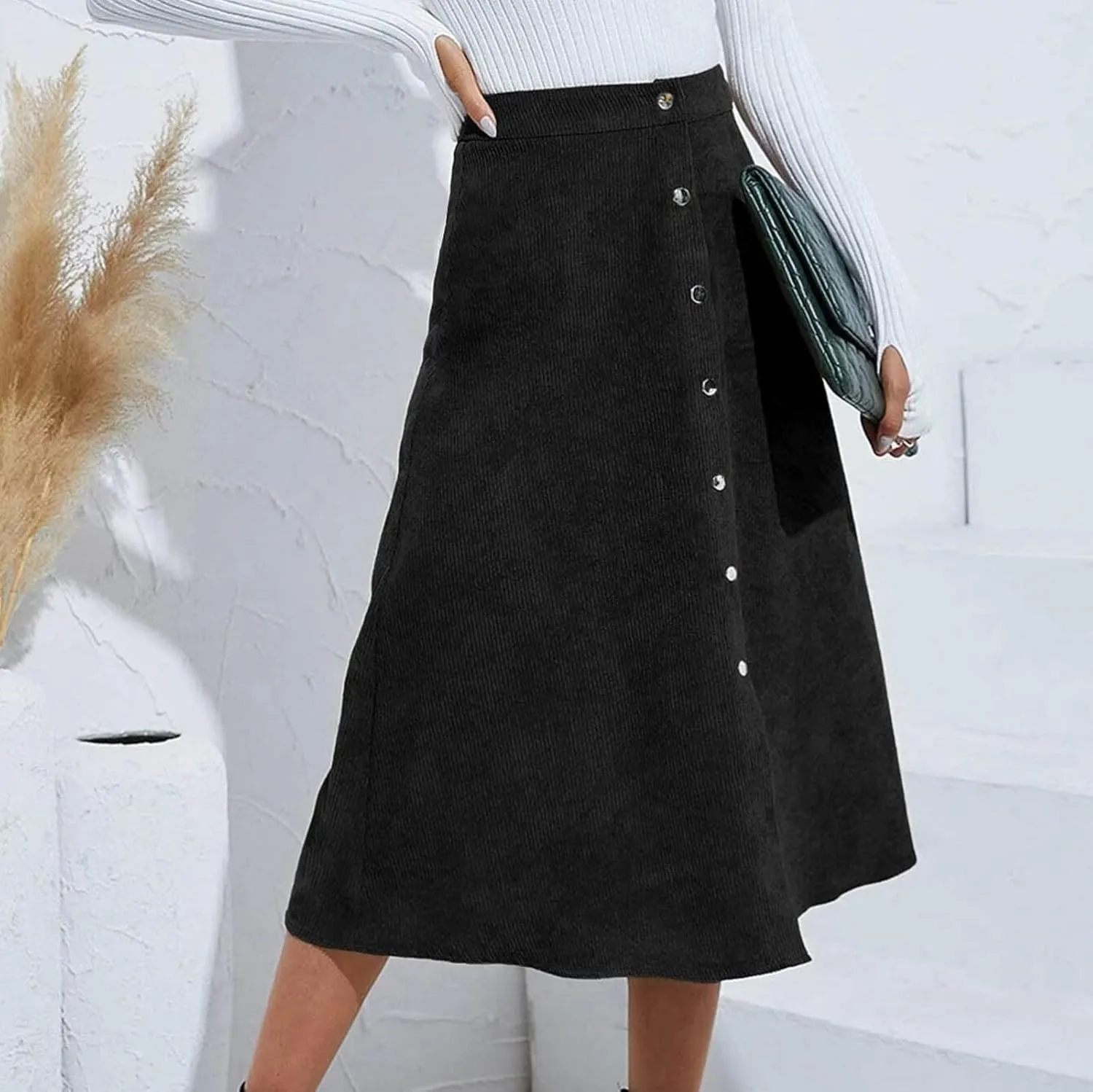 Women's High Waist Corduroy Midi Skirt Button Front A-Line Belted Long Skirts Dressy Casual Work Office Trendy Skirt