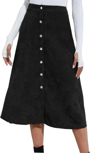 Women's High Waist Corduroy Midi Skirt Button Front A-Line Belted Long Skirts Dressy Casual Work Office Trendy Skirt