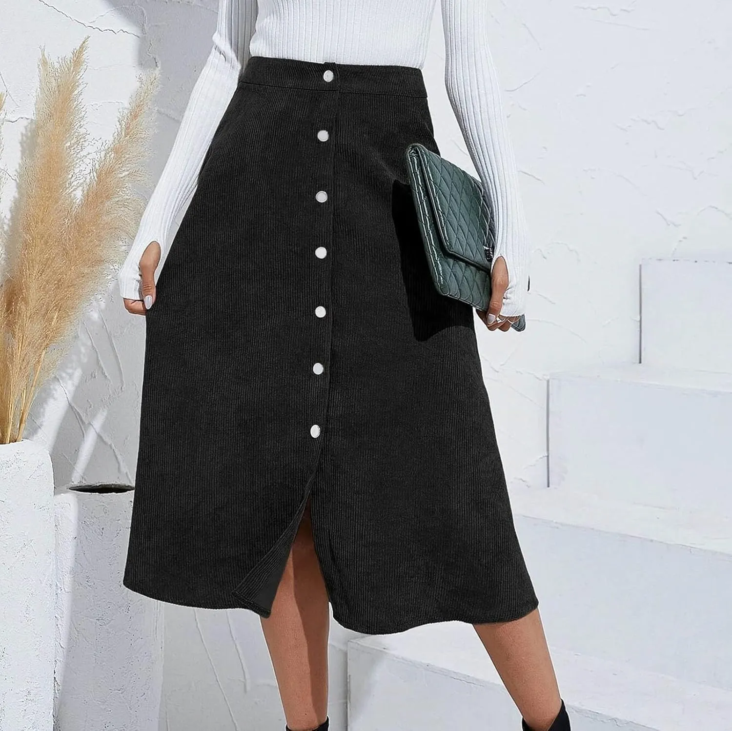 Women's High Waist Corduroy Midi Skirt Button Front A-Line Belted Long Skirts Dressy Casual Work Office Trendy Skirt