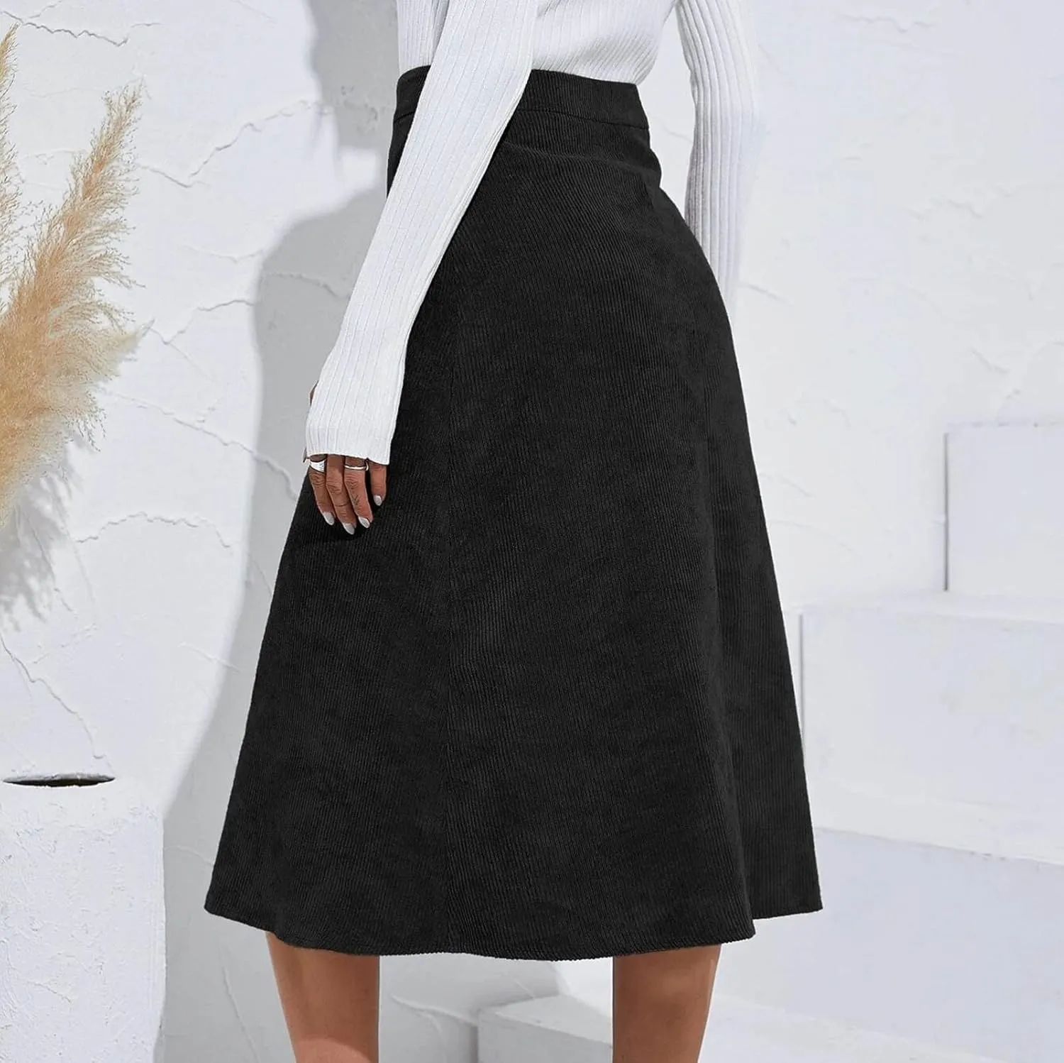 Women's High Waist Corduroy Midi Skirt Button Front A-Line Belted Long Skirts Dressy Casual Work Office Trendy Skirt