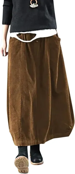Women's High Waist Midi Skirt Vintage Elastic A-Line Pleated Button Front Skirts with Pockets