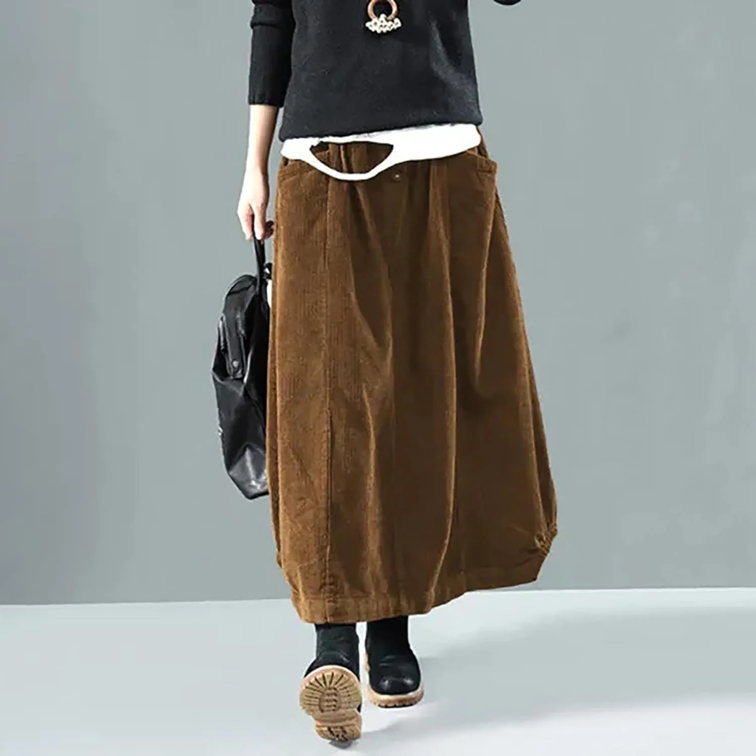 Women's High Waist Midi Skirt Vintage Elastic A-Line Pleated Button Front Skirts with Pockets