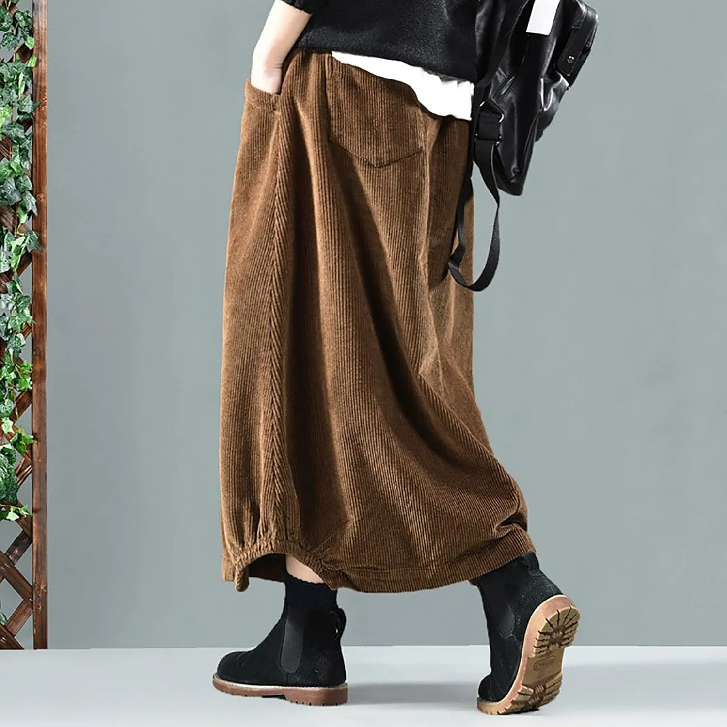 Women's High Waist Midi Skirt Vintage Elastic A-Line Pleated Button Front Skirts with Pockets
