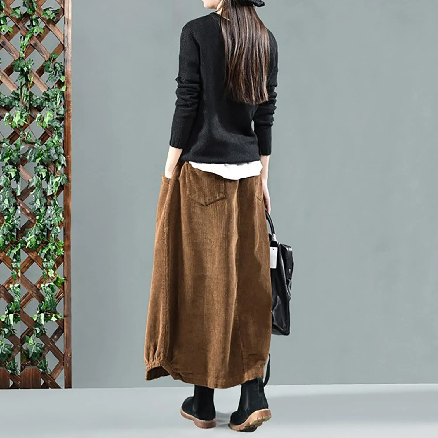 Women's High Waist Midi Skirt Vintage Elastic A-Line Pleated Button Front Skirts with Pockets