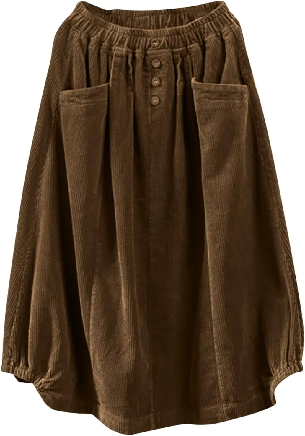 Women's High Waist Midi Skirt Vintage Elastic A-Line Pleated Button Front Skirts with Pockets