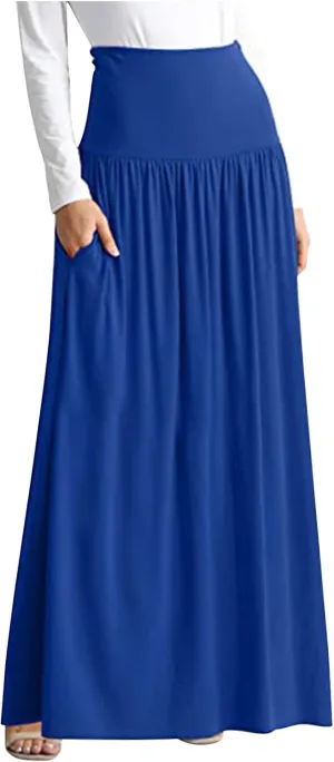 Womens High Waist Pleated Layered Maxi Skirts Solid Casual Office Business Work Long Skirt Loose Fit Flared Skirts