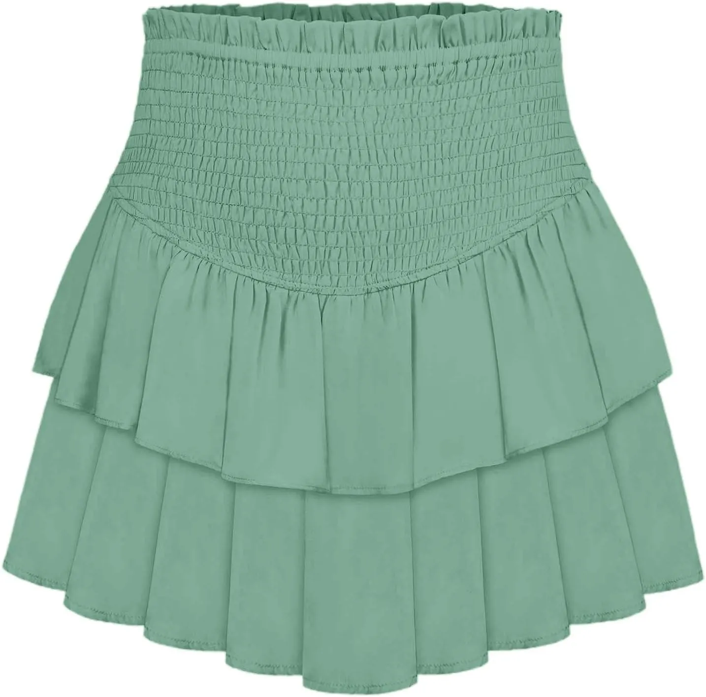 Women's High Waist Ruffle Flowy Mini Skirts Stretchy Waist Solid Lined Layered Pleated Casual Beach Short Skirt