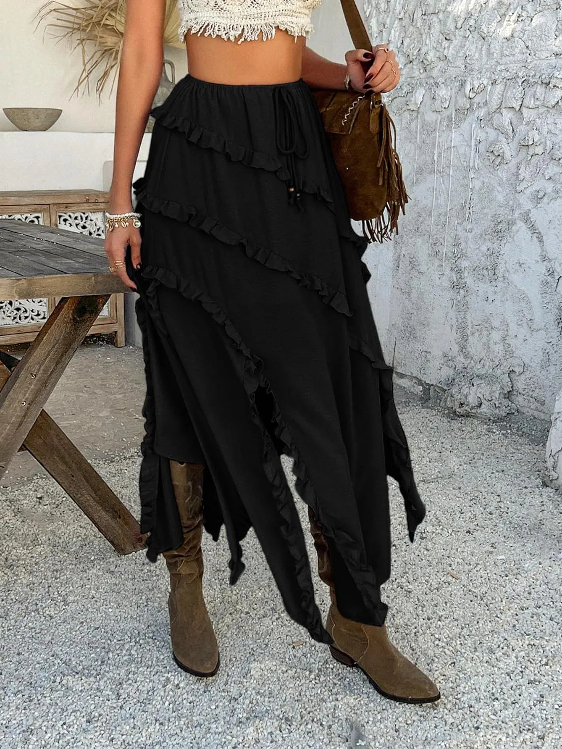 Women's High Waist Split Ruffle Skirts Y2k Summer Boho Drawstring Flowy Midi Skirt 2025 Trendy Vacation Outfits