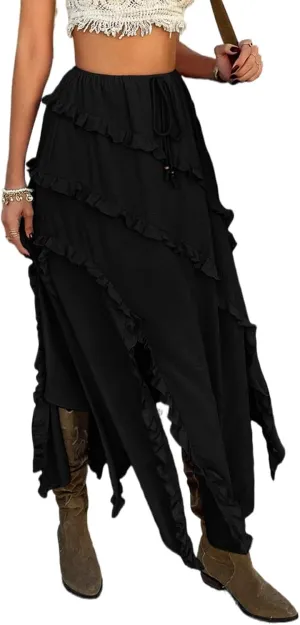 Women's High Waist Split Ruffle Skirts Y2k Summer Boho Drawstring Flowy Midi Skirt 2025 Trendy Vacation Outfits