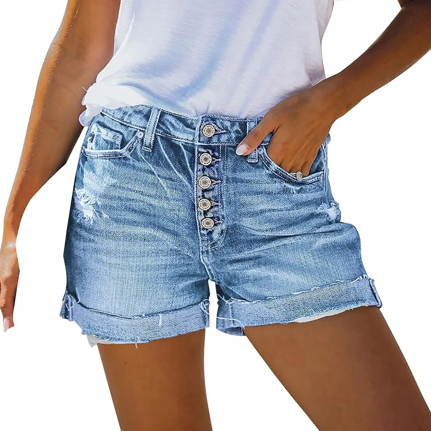 Womens High Waisted Jean Shorts Brushed Ripped Pockets Denim Shorts Rolled Raw Hem Summer Hot Short Jeans for Women