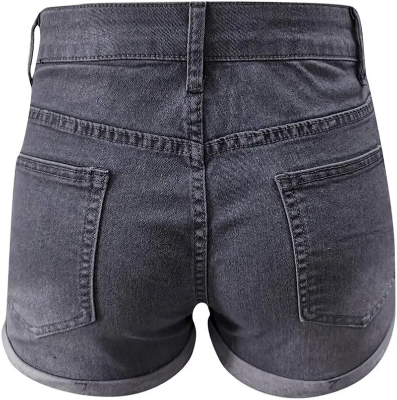 Women's High Waisted Stretchy Denim Shorts Cuffed Jean Summer Stretchy Ripped Jean Shorts for Women with Pockets