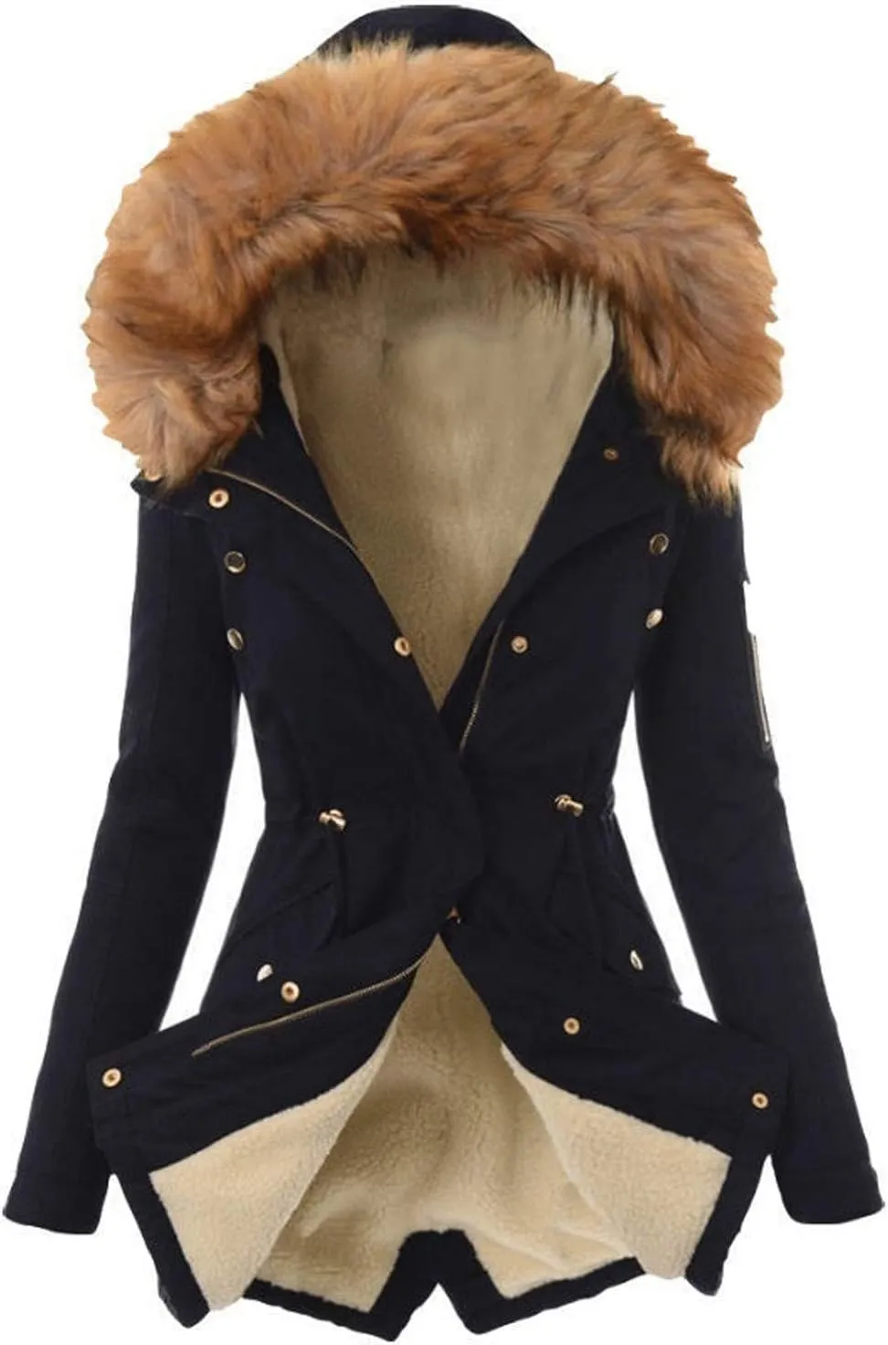 Womens Hooded Trench Coat 2024 Winter Thicken Windbreaker Jackets Warm Fleece Lined Outwear Plus Size Overcoat Outwear
