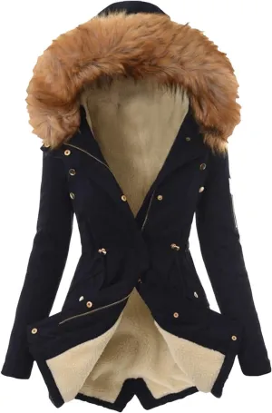 Womens Hooded Trench Coat 2024 Winter Thicken Windbreaker Jackets Warm Fleece Lined Outwear Plus Size Overcoat Outwear