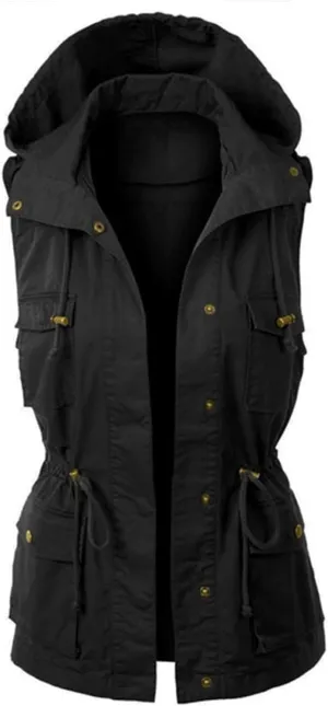 Women's Hooded Vest Casual Military Utility Drawstring Lightweight Sleeveless Hoodies Jacket with Pockets