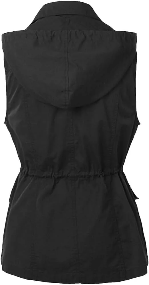 Women's Hooded Vest Casual Military Utility Drawstring Lightweight Sleeveless Hoodies Jacket with Pockets