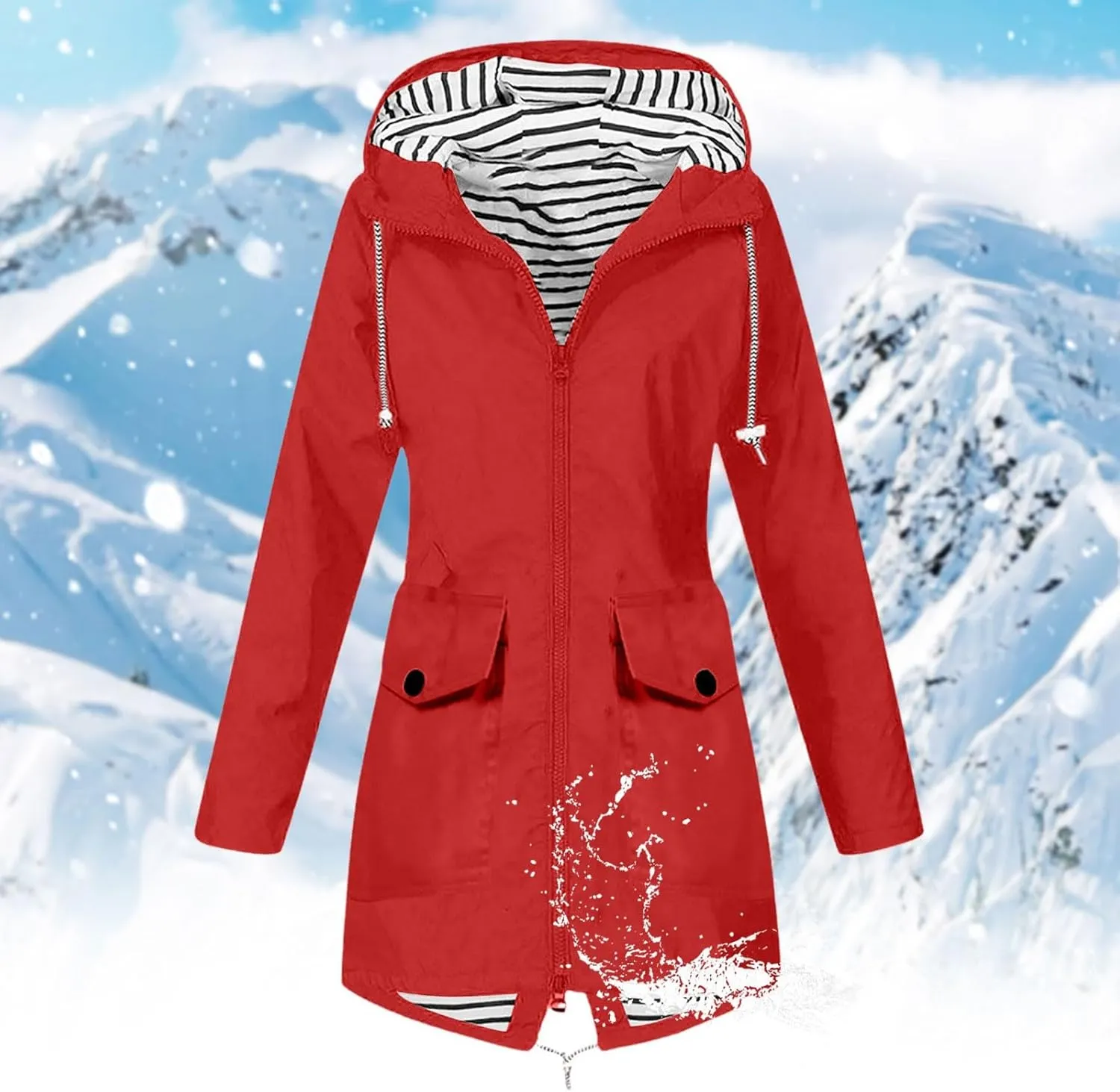 Womens Jackets Long Sleeve Mid-Length Full Zip Casual Hooded Jacket Waterproof Windproof Outdoor Coats with Pockets