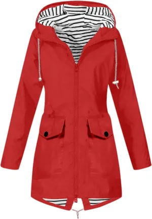 Womens Jackets Long Sleeve Mid-Length Full Zip Casual Hooded Jacket Waterproof Windproof Outdoor Coats with Pockets