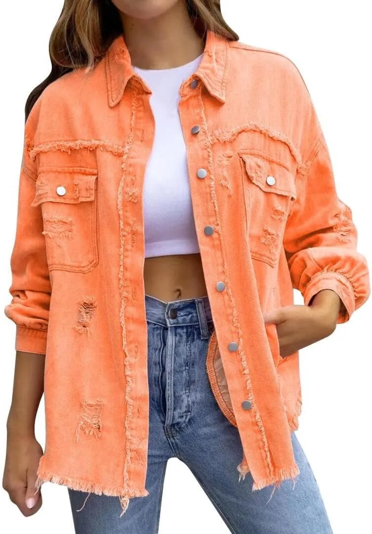 Women's Jean Jacket Oversized Boyfriend Button Up Long Sleeve Split Denim Jackets