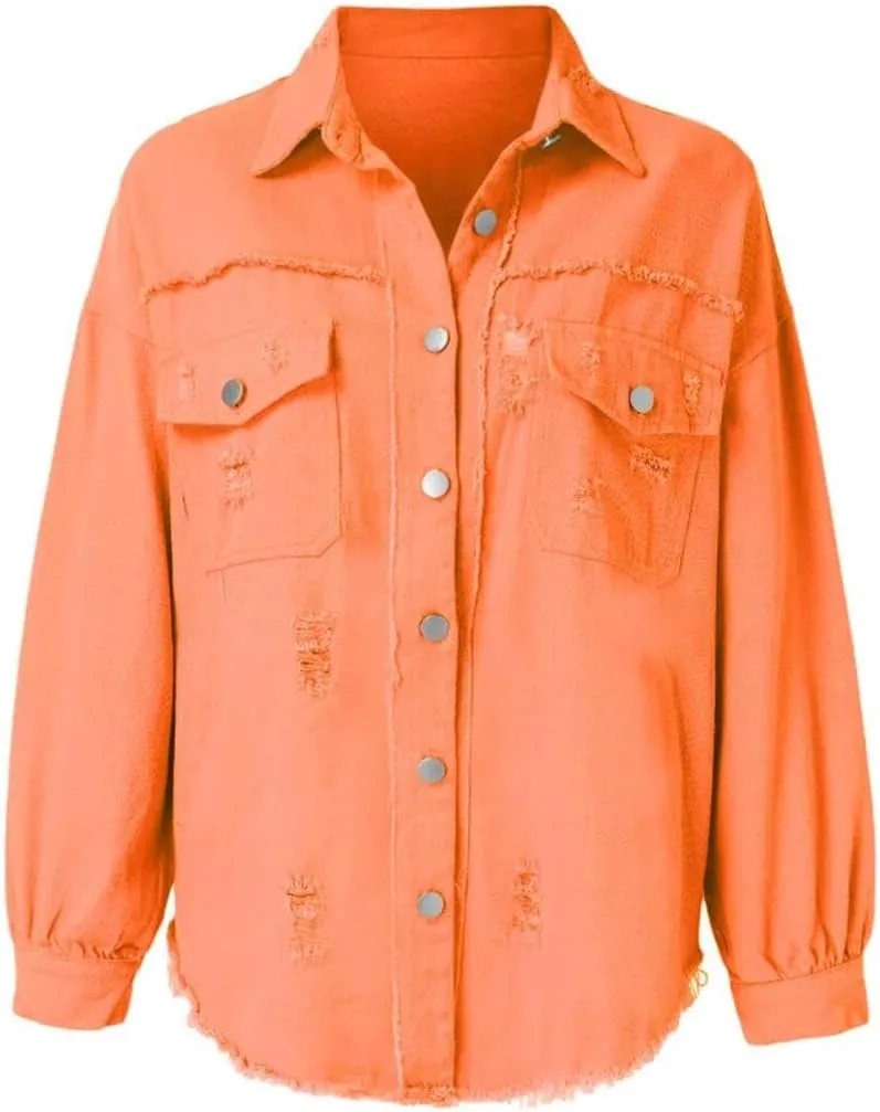 Women's Jean Jacket Oversized Boyfriend Button Up Long Sleeve Split Denim Jackets