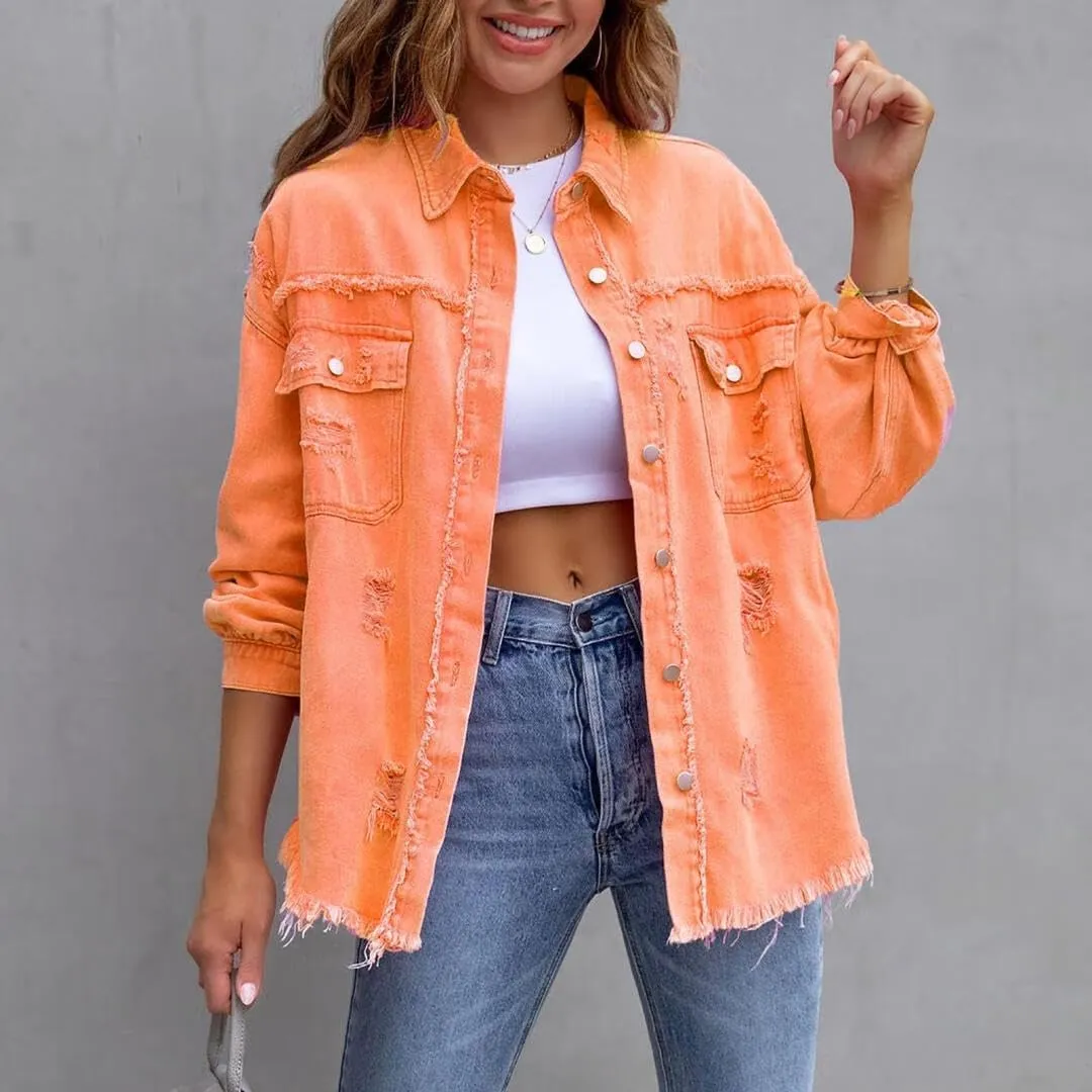 Women's Jean Jacket Oversized Boyfriend Button Up Long Sleeve Split Denim Jackets
