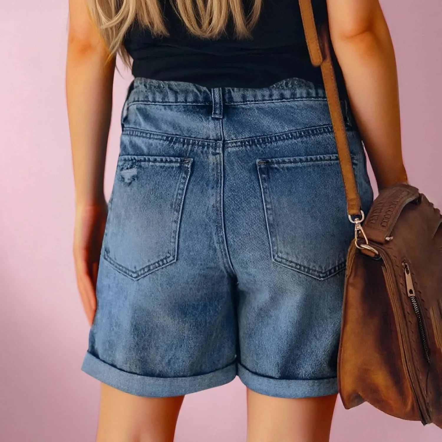 Womens Jean Shorts Stretch Mid High Waisted Ripped Cuffed Denim Shorts Loose Summer Beach Casual Y2k Short Mom Jeans